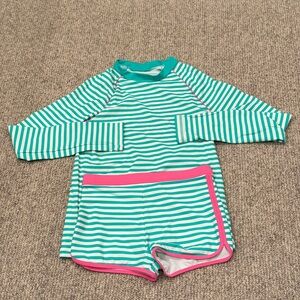 NWT! Boden Girls Swim Shorts & Rashguard Set - Teal and Pink Stripes. Sz 13-14.